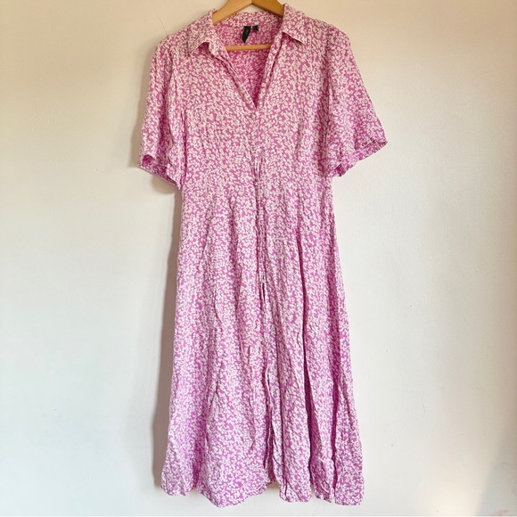 Yas Stelli Flutter-Sleeve Floral Midi Shirtdress Pink White Relaxed Circle S - Picture 3 of 13